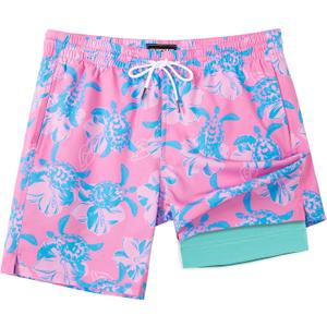 SURF CUZ Mens Swim Trunks with Compression Liner Swim Shorts 7" Swimming Trunks Stretch 7 Inch Swim Suits Quick Dry (Medium, Pink Blue Turtles)