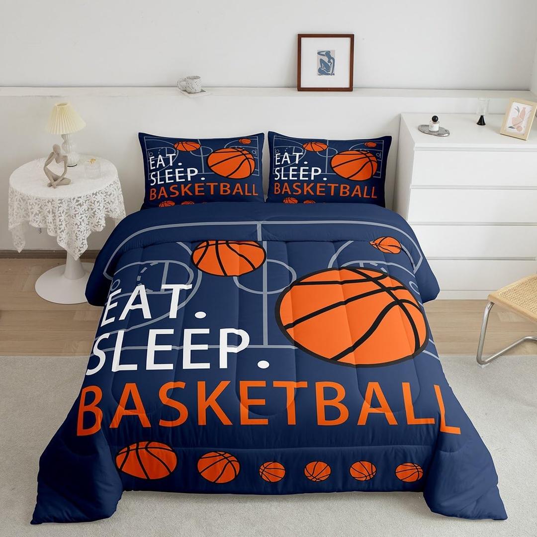 Feelyou Boys Basketball Fitted Sheet Twin Size Sports Basketball Print Bed Sheets for Kids Teens Girls Ball Gamer Decorations Bedding Set Blue Sheets Set Bedroom All Season 1 Pillowcase