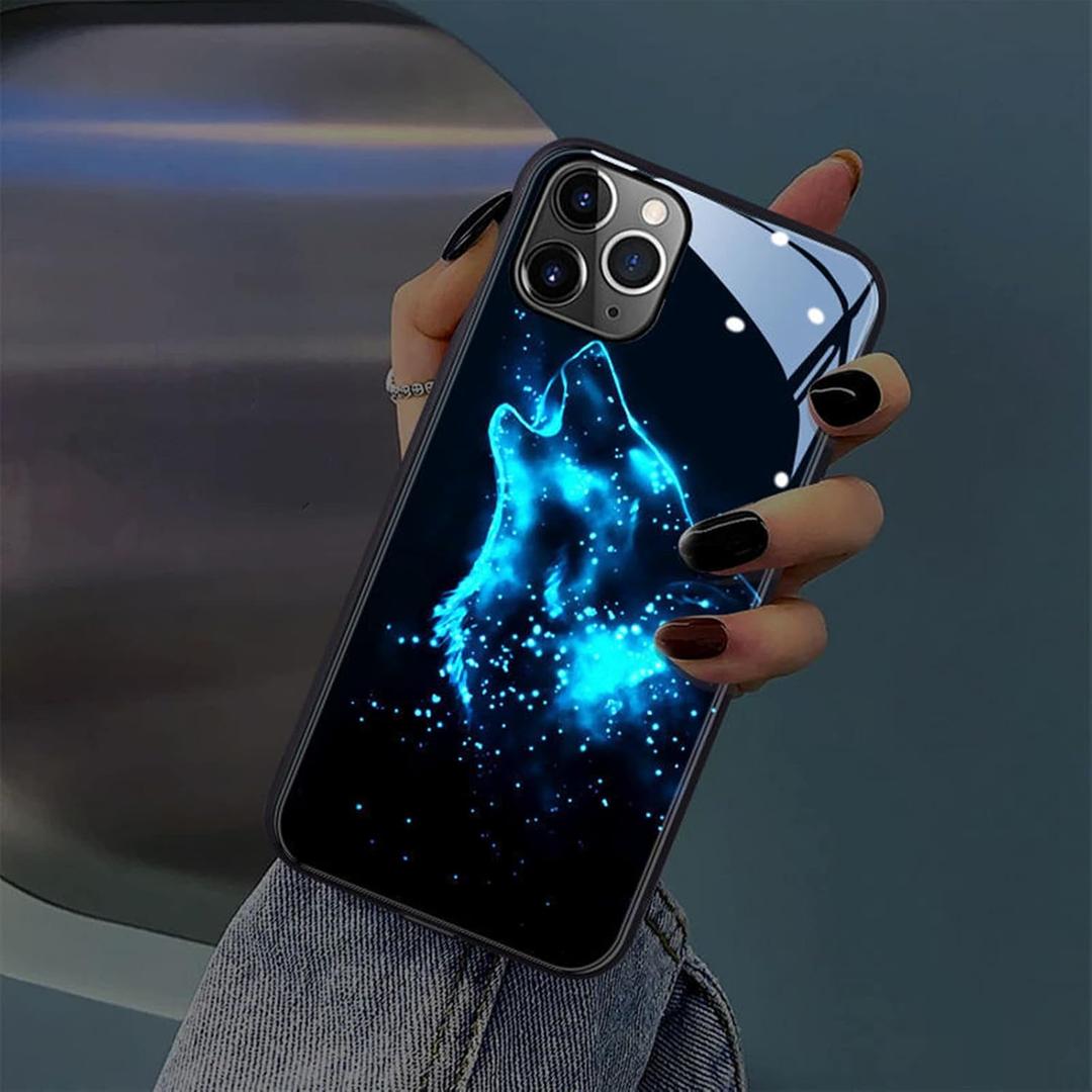 LED Light CompatibleiPhone 14 Case Colorful Glowing Tempered Glass Back Cover Bumper Shockprooffor Cool Women and Trendy MenProtective LensCall Music FlashSend Tempered Film (Wolf)