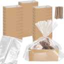 100 Pack Disposable Paper Gift Baskets 2Lb Loaf Pans for Baking Rectangle Bread Storage Bags with Clear Plastic Bags and Ties Kit for DIY Bakery Birthday Wedding Bow Party Gift Wrapping