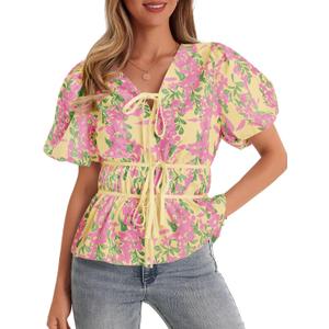 Cicy Bell Summer Babydoll Peplum Tops V Neck Puff Sleeve Bow Floral Shirts (Pink, M)