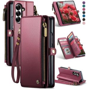 Defencase for Samsung Galaxy Z Fold 7/ Fold7 Wallet Case with RFID Blocking 10-Card Holder, Fashion Soft PU Leather Magnetic Snap Flip Zipper Wrist Strap Phone Case for Galaxy Z Fold 7 5G, Wine Red
