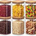 6-Pack 1.2Qt Square Glass Storage Jars with Bamboo Lids, Pantry Storage Containers for Neat Organization, Ideal for Minimalist Kitchen Organizer, Nut, Coffee Beans, Oats, Cookie, Candy, Flour