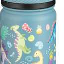 Fanhaw 14 Oz Kids Insulated Water Bottle with Straw - Stainless Steel Double Wall Vacuum Cup, Leakproof, BPA Free, Suitable for Boys and Girls(Cyan - Dinasours World)