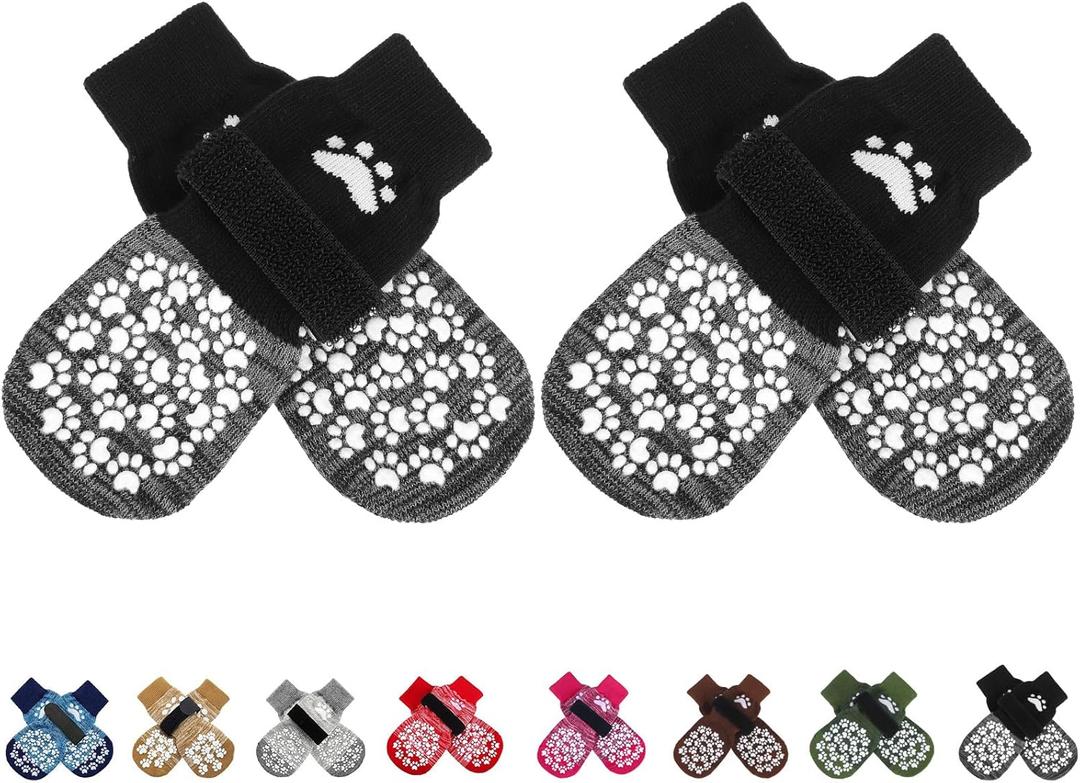 EXPAWLORER Anti Slip Dog Socks to Prevent Licking Paws, Shoes for Hot Pavement, Dog Booties for Senior Dogs, Traction Control Boots & Paw Protectors for Hardwood Floors Black&Grey (Medium (4 Count))