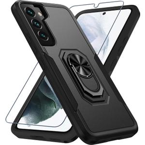 Compatible with Samsung Galaxy S22 Case with Screen Protector[Not for S22+],Heavy Duty Shockproof Full Body Phone Cover,Built in Finger Ring Stable Kickstand,2022 Black Matte