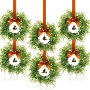 Suncalla 6 Christmas Kitchen Cabinet Wreaths with Velvet Ribbon Bell Mini Christmas Hanging Cabinet Doors Wreath Decorative for Farmhouse Kitchen Window Holiday (Brown)