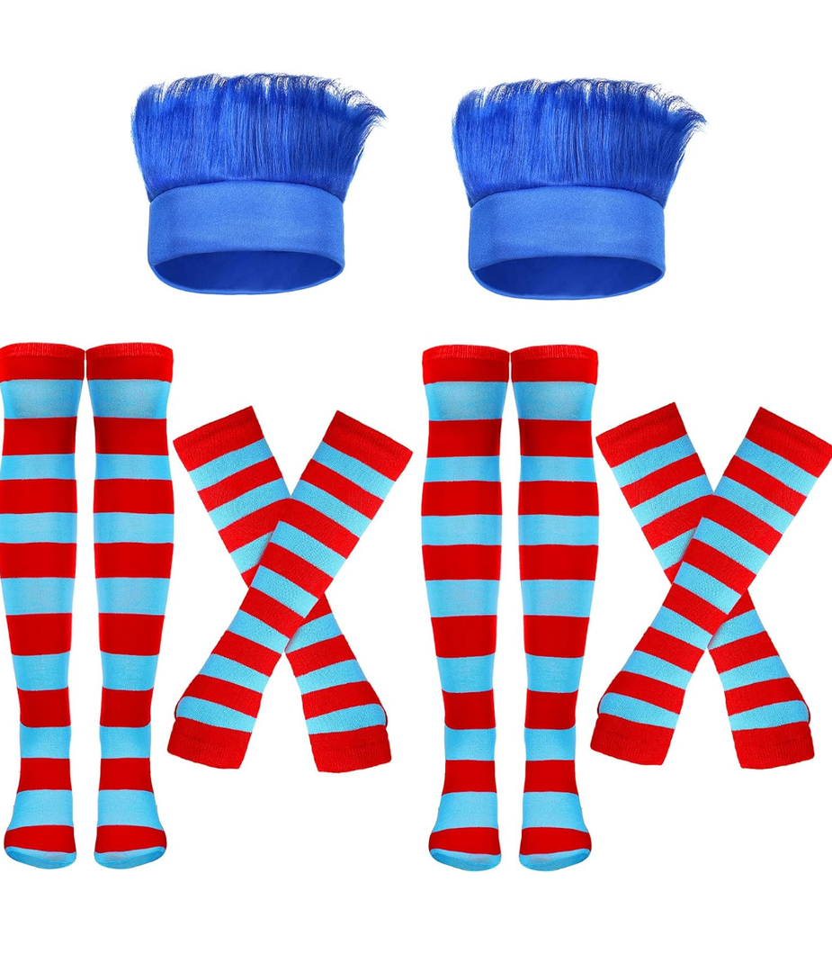Brand: Syhood
2 Pieces Blue Hairy Headband Crazy Hair Wigs, 2 Pairs Striped Thigh High Socks Over Knee Stockings, 2 Pairs Striped Arm Warmer Fingerless Gloves Long Thumb Hole Gloves for Halloween Costume Party