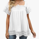 Women's Casual T-Shirt Short Sleeve Rectangular Neck Blouse with Lace Insert Long Shirt Elegant Plain Tunic Tops Shirt Summer White T-shirt, Medium 