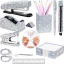 Teling 10 Pcs Bling Office Accessories for Desk Bling Crystal Office Supplies Set Desk Accessory Kit Glitter Stapler Staple Remover Tape Dispenser Diamond Pen Scissors for Women Home(Silver)