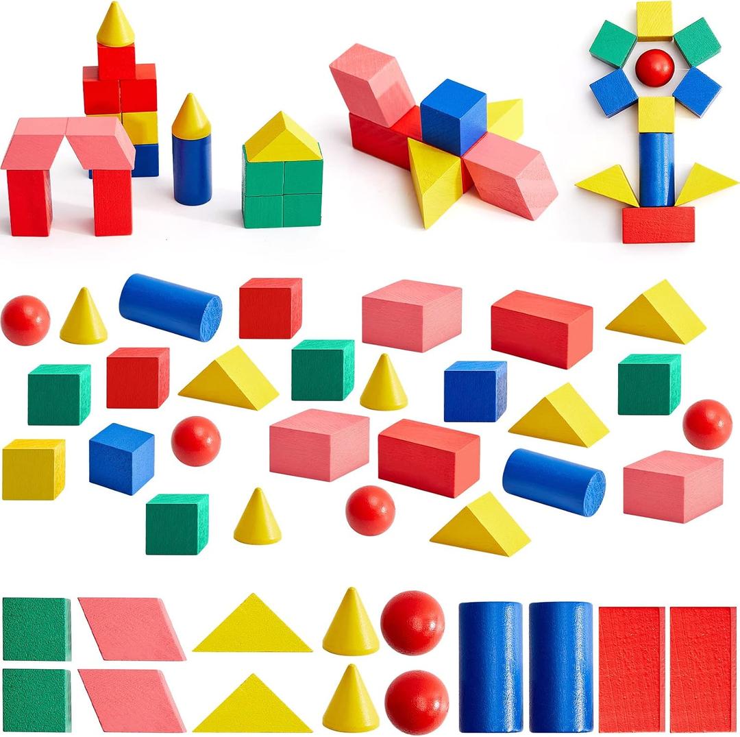 Hiboom 280 Pcs 3D Shapes Geometric Solid for Teaching Wood Mini Geometric Shapes Colorful Education Blocks Classroom Manipulatives Blocks for Geometry Math Learning Kindergarten Preschool