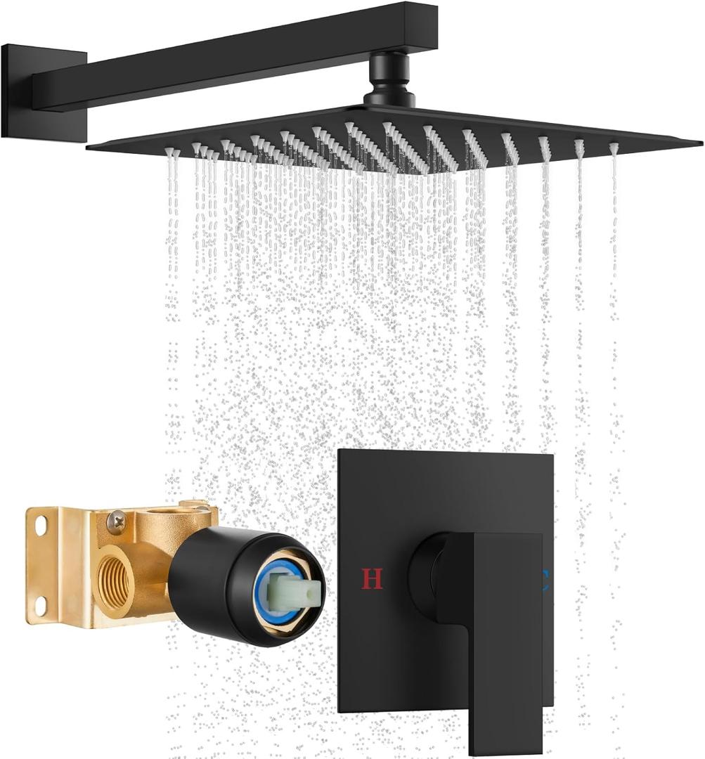 Shower Faucet Set,Shower Head and Handle Set with Valve,Single Handle,Wall Mount 10 Inch Showerhead for Modern Bathroom,Matte Black