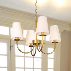 Modern Gold Chandeliers for Dining Room, with White Linen Fabric Shade, Adjustable Height Rustic Farmhouse Lighting Fixture for Foryer, Entryway, Kitchen, Bedroom (4-Lights)