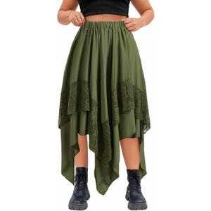 Verdusa Women's Renaissance Flowy Fairy Skirt Y2k Contrast Lace Layered Asymmetrical Midi Skirts (3X-Large Plus, Green)