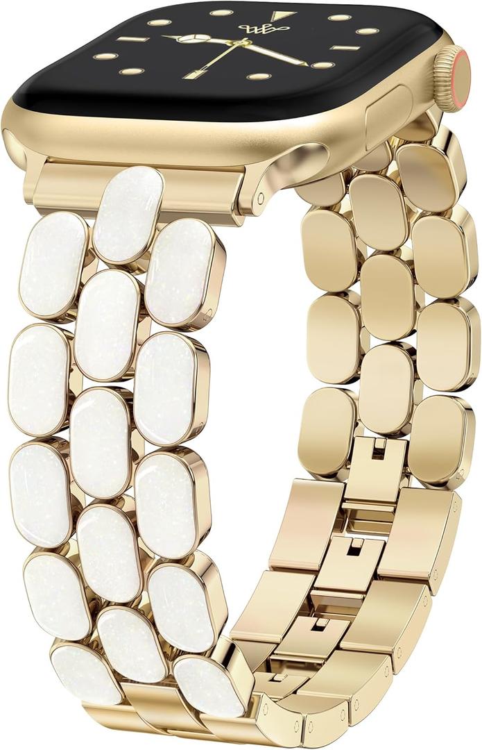 Wearlizer Metal Band Compatible with Apple Watch Bands for Women, Enamel Stainless Steel Strap for iWatch, Size: 44/45/46/49/42mm(Series 3/2/1) (Gold/Iridescent)