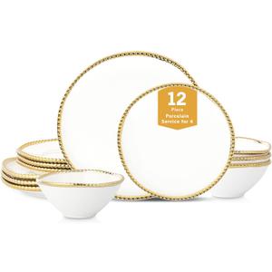 Christian Siriano Akoya Porcelain Dinnerware Set, 12-Piece - Dish Set for 4, Plates and Bowls Set, White and Gold
