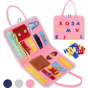 Esjay Busy Board for Toddlers, Montessori Toys to Learn Fine Motor Skill, Sensory Board, Toys Gifts Girls Boys 3+ Year Old, Toddler Learning Activities for Travel Airplane,Pink Alphabet