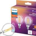 PHILIPS LED 40W G16.5 E12 Base 2-Pack Ultra Definition Soft White (2700K) 350 Lumen (3.5W=40W) Clear Flicker Free Light Bulbs