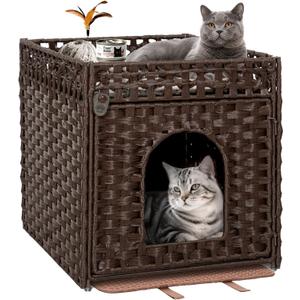 Handwoven Rattan Cat Litter Box Enclosure Furniture - Hidden Cabinet with Odor-Control Mat, Anti-Spill Fence & Secure S-Hooks for Living Room/Bedroom, 18.2"x18.2"x24.5" (Brown)