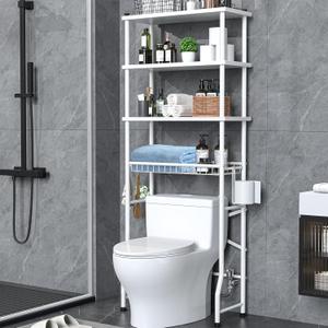 Over the Toilet Storage shelf, 4-Tier Bathroom Organizer Rack, Easy To Install with Adjustable Feet Pad and Basket Freestanding Bathroom Shelves Above Toilet, Space Saver Toilet Storage Cabinet(White), 24 x 11 x 65.5 inches