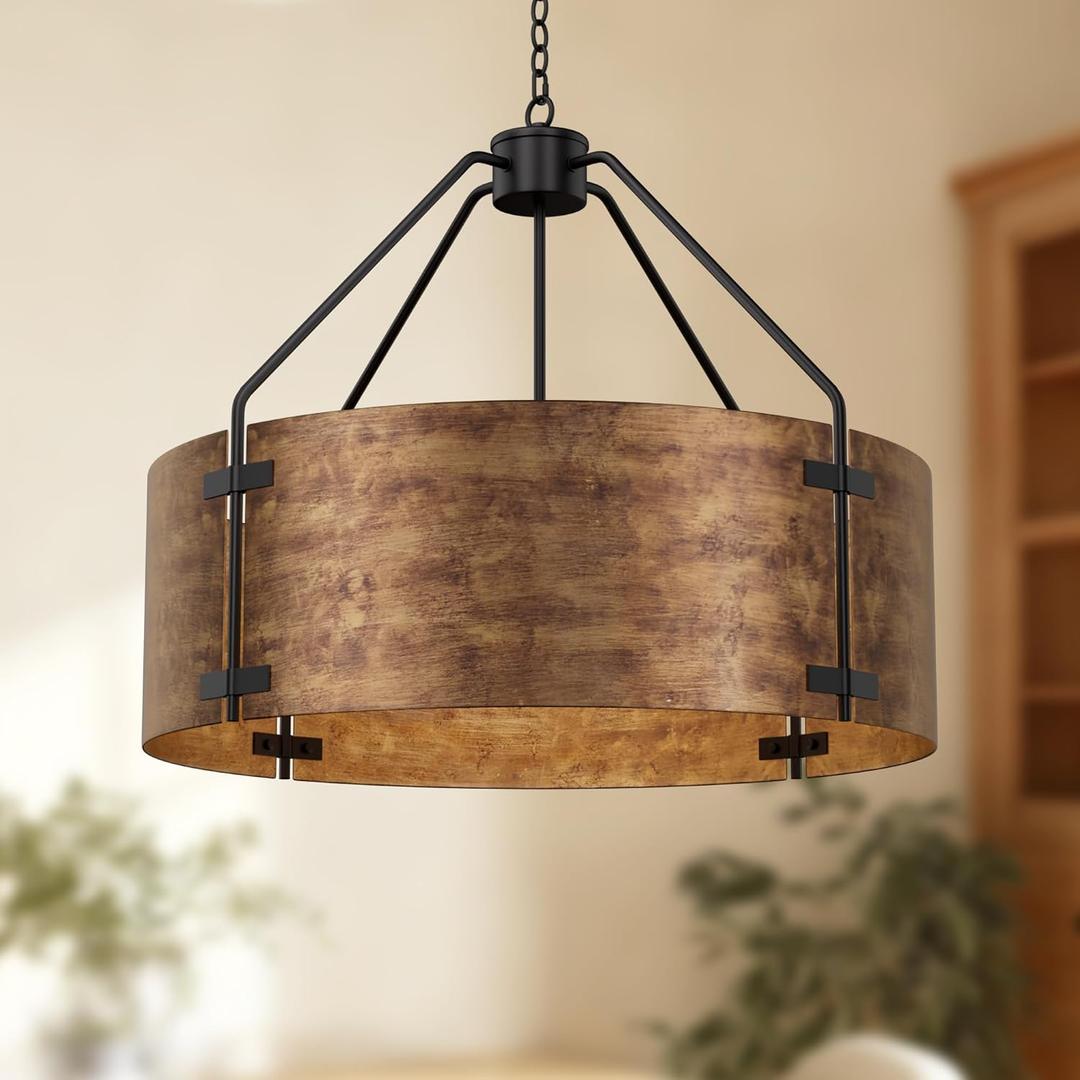 Farmhouse Drum Chandelier, 4-Light, 22in Pendant Light Fixture With Adjustable Chain, Kitchen Island Pendant Over Table, Rustic Industrial Chandelier for Dining Room, Bedroom, Living Room, Foyer