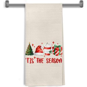 Tis The Season Christmas Kitchen Towels, Winter Bathroom Decor, Winter Latte Santa Presents Tree Coffee Decorative Hand Tea Dish Towels for Bathroom Kitchen, 16x24 Inch (Light Beige)