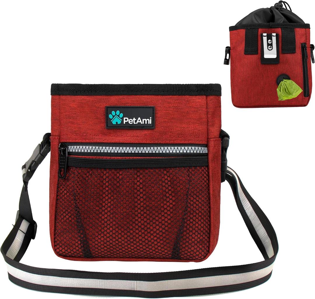 PetAmi Dog Treat Pouch, Pet Treat Pouch for Training, Dog Walking Bag Holder for Kibbles, Pet Food Toy, Dog Trainer Essentials Supplies, Poop Bag Dispenser, 3 Ways to Wear (Red) (One Size)
