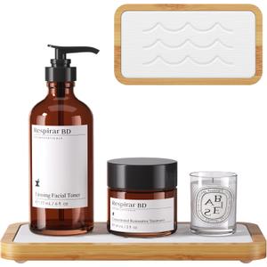Water Absorbing Stone Tray for Sink, Kitchen Sink Caddy Organizer, Diatomite Bathroom Vanity Counter Tray, Soap Dispenser Sponge Holder, Fast Drying Stone Faucet Mat with Bamboo Tray (White)
