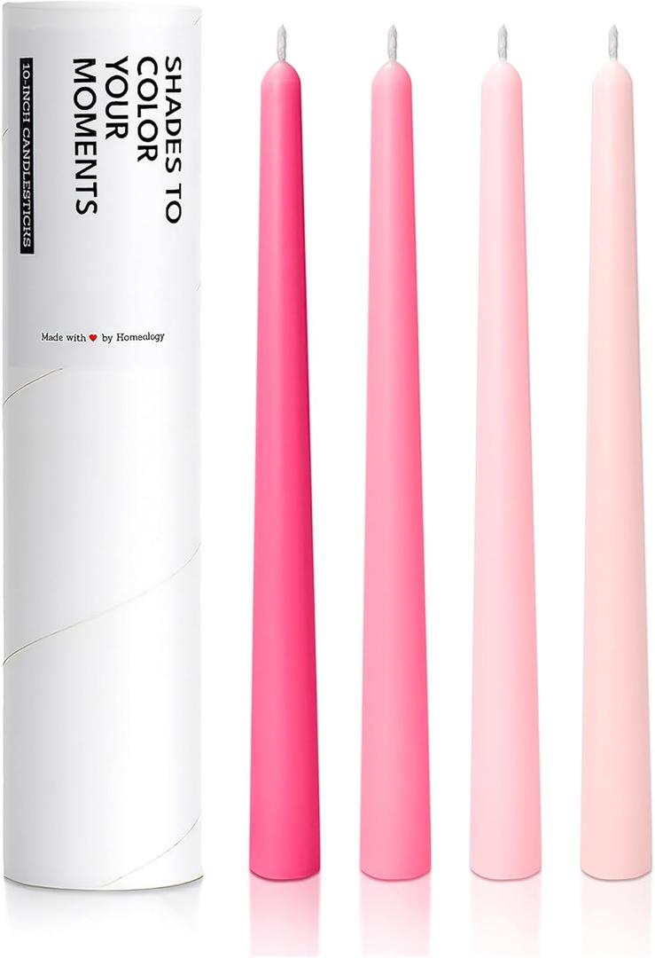 10" Classic Taper Candles, Pink Shades, 4-Pack, 7-8 Hours Long Burning, Unscented Tall Candlesticks