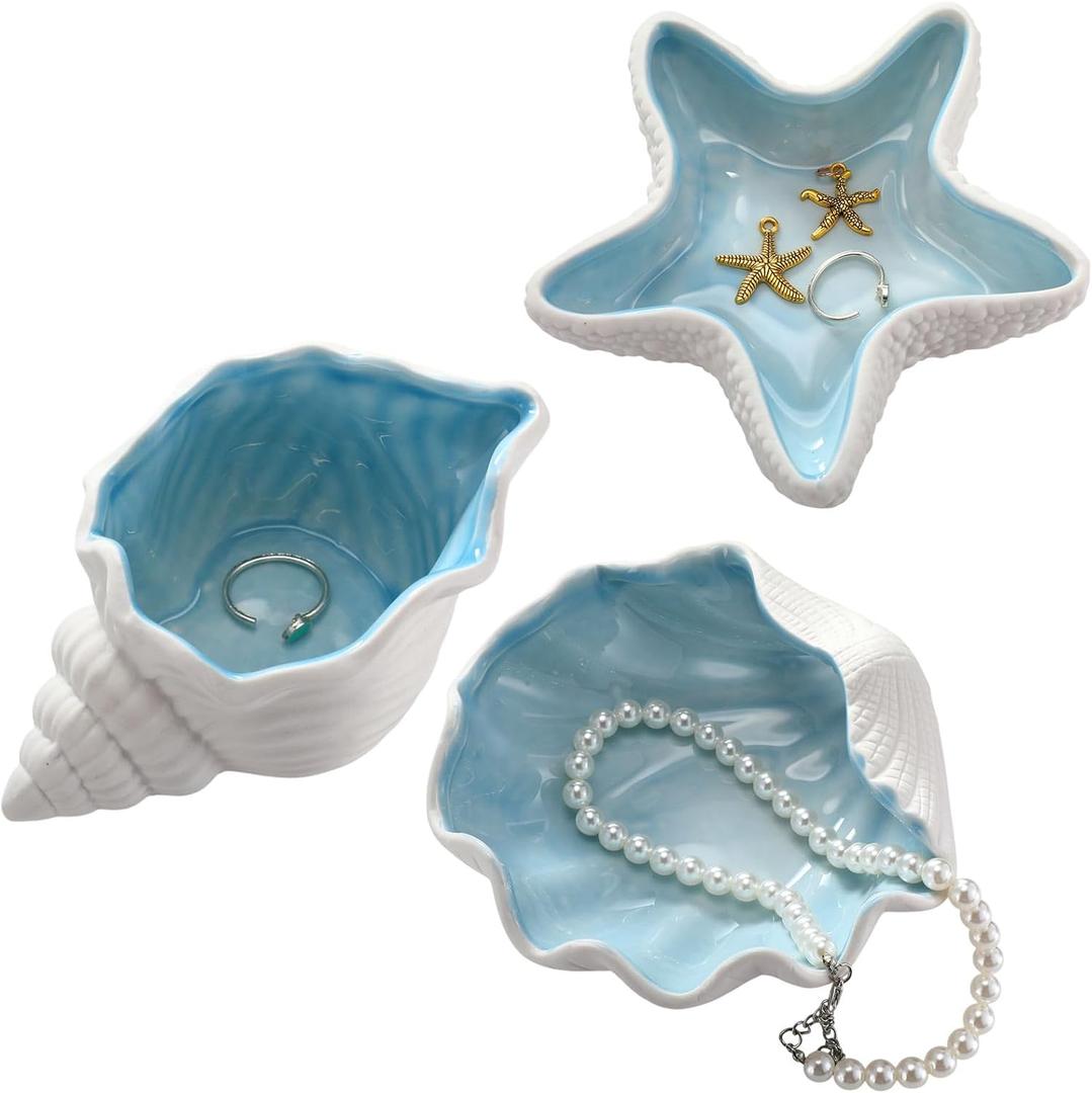 Teenyyou 3 Pcs Ceramic Conch Shell Jewelry Dish Tray Ear Ring Holder Jewelry Plate Key Bowl for Room Vanity Decor Accessory(Blue)
