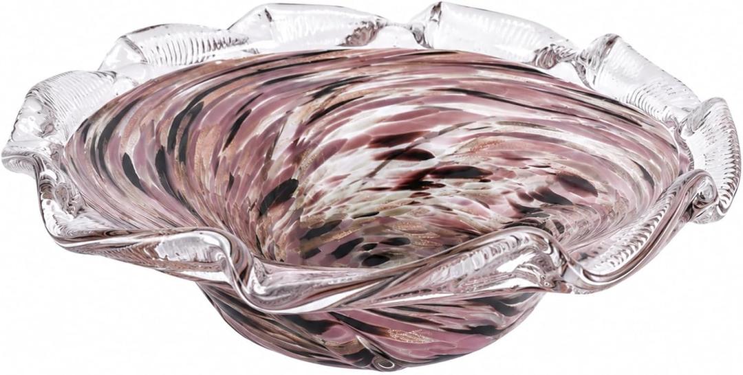 Large Hand Blown Glass Bowl, Ocean Wave Ruffled Rim Decorative Fruit Bowl, Swirled Blown Glass Centerpiece Bowl Glass, Blown Glass Art for Kitchen Counter Fruit Display or Office Candy Bowl (Pink)
