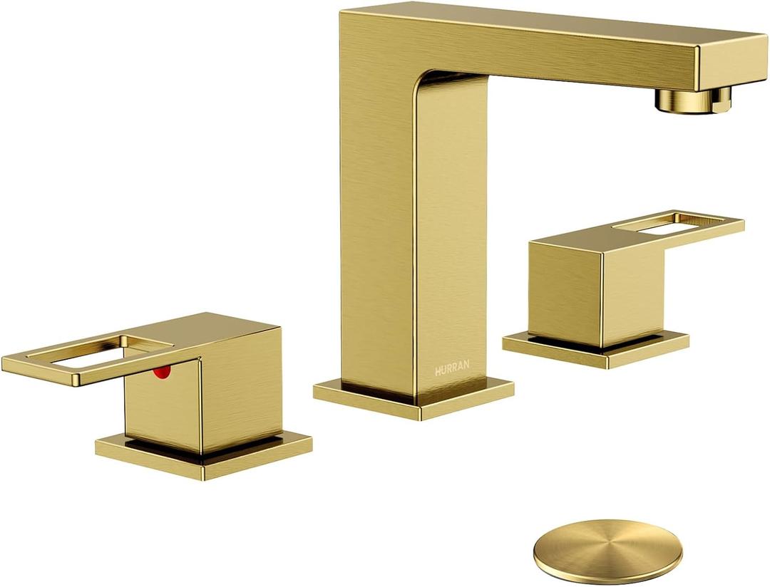 HURRAN 8 Inch Widespread Bathroom Faucet 3 Hole Brushed Gold-2 Handle Square Bathroom Sink Faucet with Pop-Up Drain & Supply Lines, Lead-Free SUS 304 Stainless Steel for 6-12" Vanity Sink Remodel