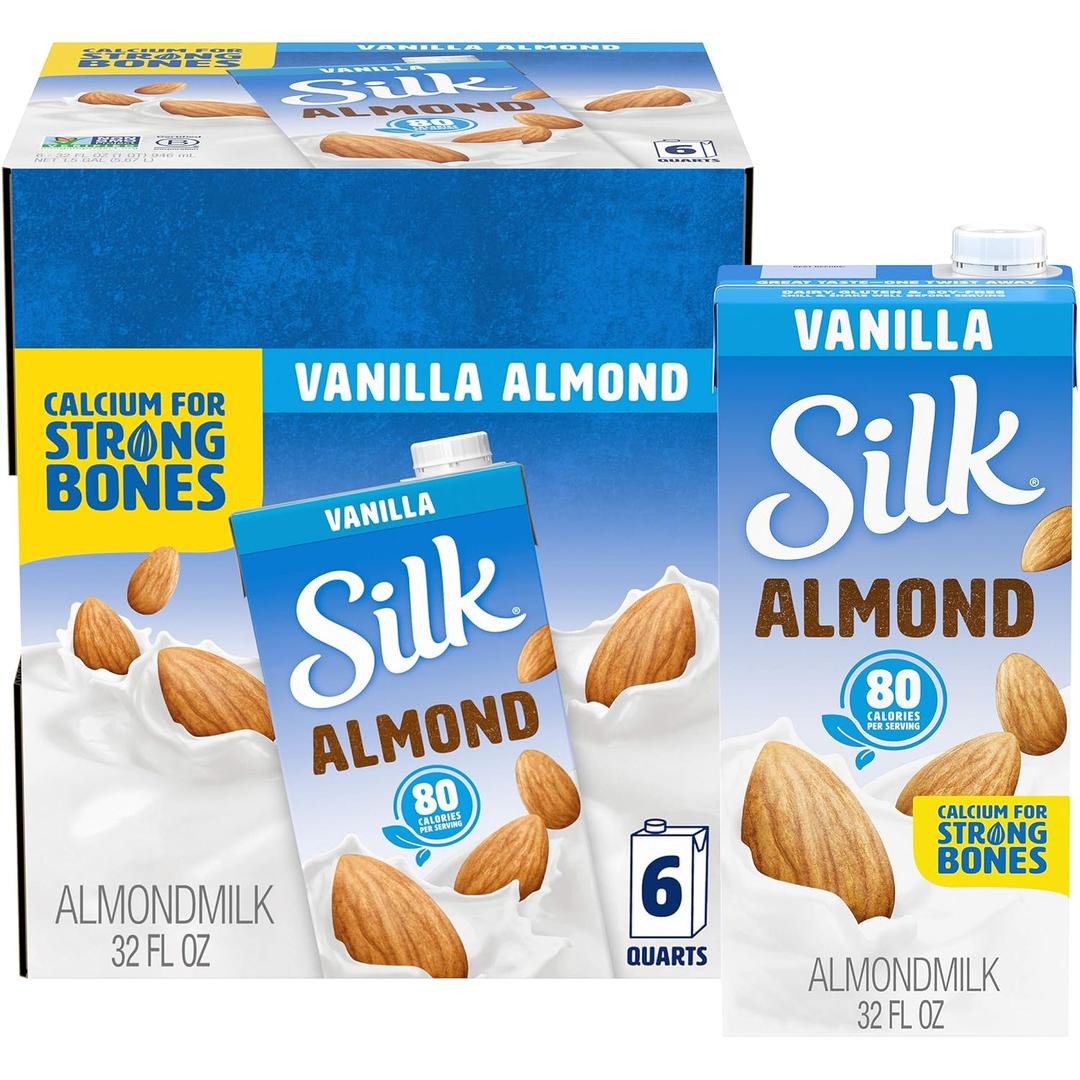 Silk Shelf-Stable Almond Milk, Vanilla, Dairy-Free, Vegan, Non-GMO Project Verified, 1 Quart (Pack of 6) (32 Fl Oz (Pack of 6)) BB Date: 7/31/26