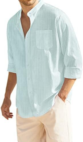 COOFANDY Men's Casual Cotton Linen Button Down Shirts Band Collar Long Sleeve Shirt Beach Summer Shirt with Pocket M