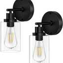 BUTHY Bathroom Wall Sconces Set of Two: Black Vanity Light Fixtures with E26 Base LED Cordless Indoor Wall Mount Lamp for Mirror Bedroom Hallway Stairway Modern Decor Lighting
