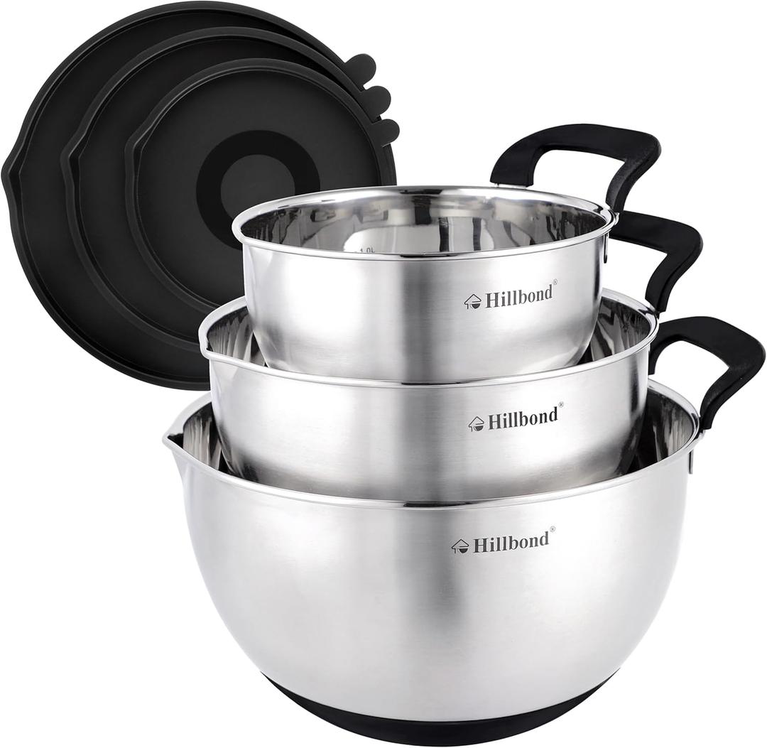Hillbond Stainless Steel Bowls with Lids Set Mixing Bowls with Pour Spout, Silicone Handle and Non-Slip Bottoms for Baking, Metal Bowls Mixing Dishwasher Safe, Set of 3 (Black)