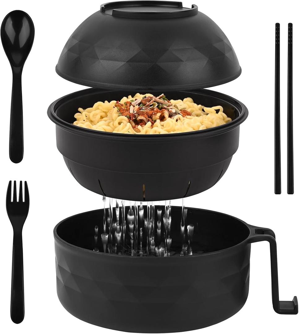 HUAKENER Microwave Ramen Bowl, 38 oz Microwave Ramen Bowl with Lid, Ramen Noodles Bowl with Spoon Chopsticks Fork (Black)