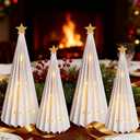 4PCS White Paper Christmas Trees 3D Christmas Tree Tabletop Centerpiece Decorations with Gold Star Tree Topper Light Up Vintage Table Centerpieces for Xmas Winter Wonderland Holiday Home Party