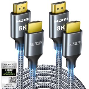 ARISKEEN 8K HDMI Cable 6FT 2-Pack, 48Gbps High Speed HDMI 2.1 Cable, 8K 60Hz, 4K 120Hz 144Hz Support for HDR 10, HDCP 2.2 2.3, eARC, DTS:X, Braided HDMI Cord Compatible with Laptop/HDTV - 6 Feet