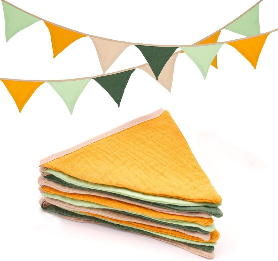 GCQQ Pennant Banner Flags - 12Pcs Green Yellow Nursery Pennant Bunting Banners 9Ft Cotton Fabric Nursery Baby Shower Double-Side Pastel Garland Decor for Toddler Room Wall Bed Baby Shower Birthday