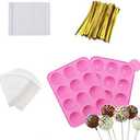 AKINGSHOP 12 Capacity Silicone Lollipop Mold Set, Sucker Molds and Chocolate Hard Candy Mold with 60pcs Lollipop Sucker Sticks, Candy Treat Bags, Gold Ties (12 Cavity Cake Pop)