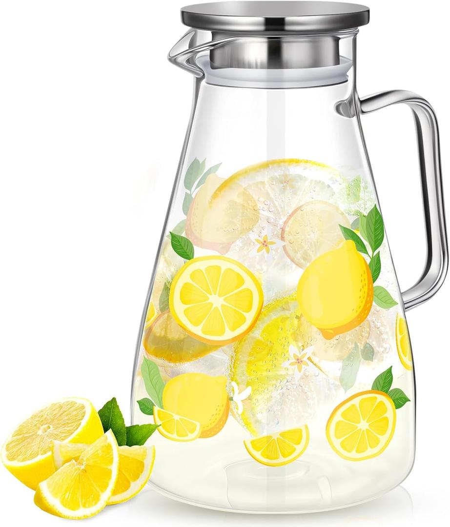 Domensi 74 oz / 2200 ml Glass Pitcher with Lid Water Pitcher with Handles Beverage Water Jar Glass Jug Hot and Cold Resistant Carafe for Tea Juice Milk Coffee Iced Beverage(Lemon)