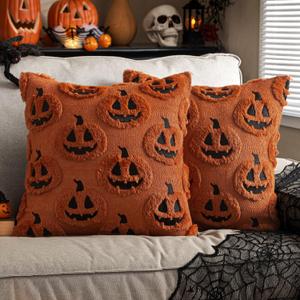 EMEMA Fall Pumpkin Ghost Decorative Throw Pillow Covers 18x18 Inch Set of 2 Soft Plush Faux Wool Couch Pillow Covers 3D Embroidered Halloween Couch Cushion Case for Living Room Home Decor (Caramel)
