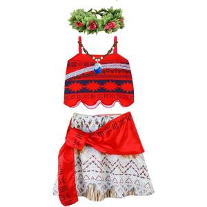 DDazzling Princess Costume Set with Hawaiian Flower Garland and Necklace (9-10 Years, Red)