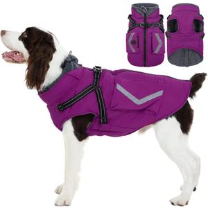 FUAMEY Dog Coat Zipper on Back, Fleece Lined Dogs Jacket for Winter with Harness Built-in, Insulated Clothes Large Doggy Cold Weather Outfits with Pop Bag Pockets, Staffordshire (Violet, L)