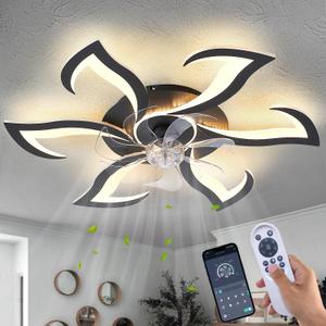 HuixuTe 32" Black Geometric Modern 6-Head Ceiling Fan with Lights Remote Control, Low Profile Ceiling Fan with Light for Kitchen Bedroom Living Room