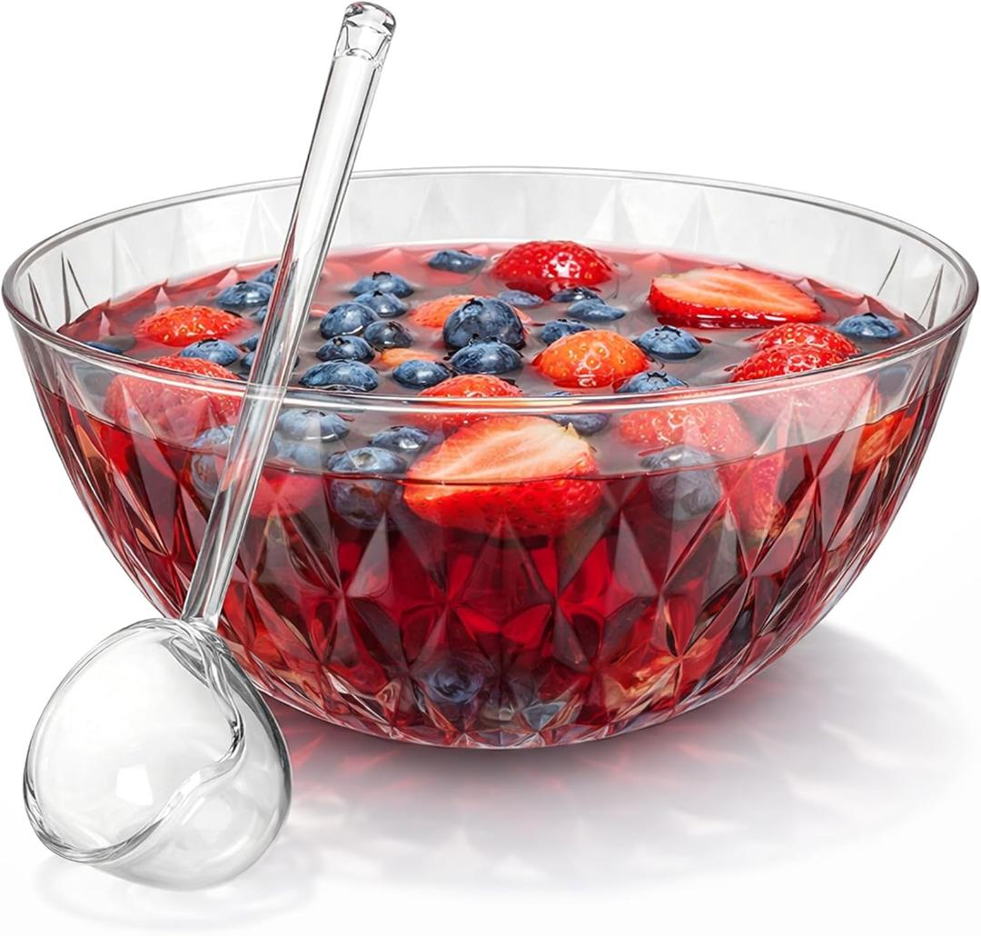 Premium Quality Plastic Punch Bowl with Ladle, 1.4 Gallon Diamond Texture Punch Bowl with Clear Plastic Serving Spoon 5.6 Quart Large Serving Dish for Parties, Holidays, and More