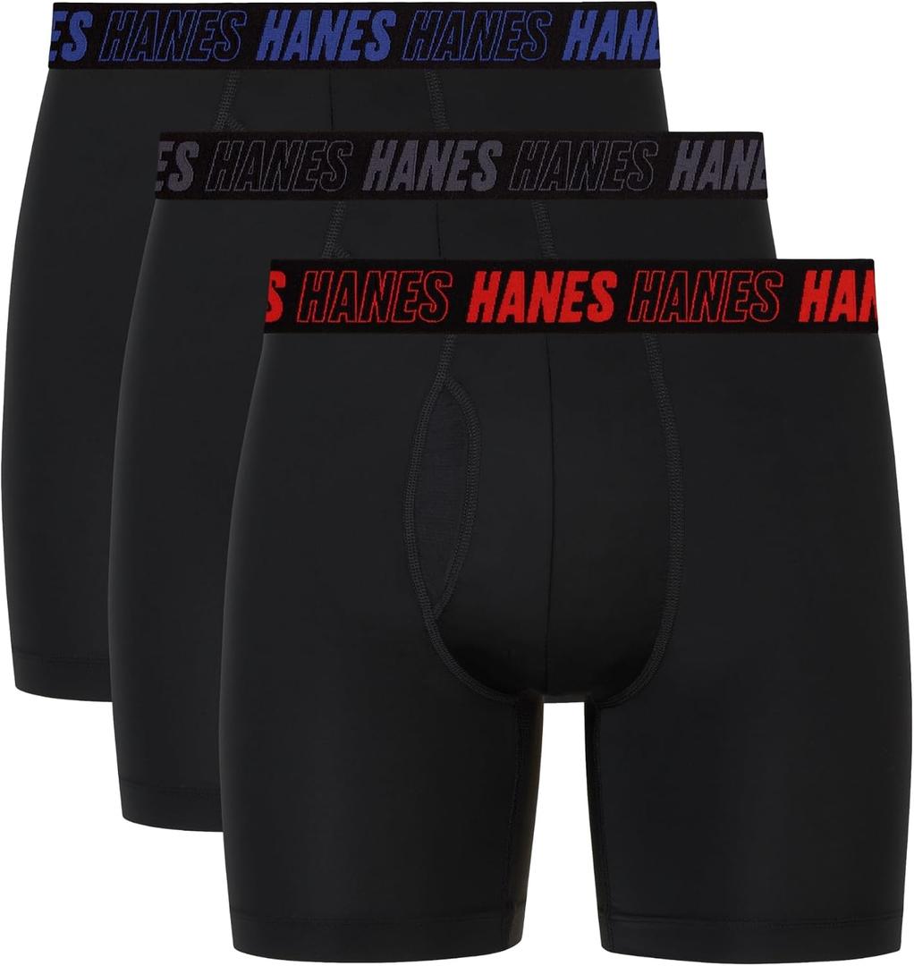Hanes Men's Moves Performance Boxer Brief, Total Support Pouch, Regular, Trunk, and Long Leg, 3-pack (Black, M)