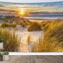 HVEST Ocean Beach Tapestry Wall Hanging, Seaside Grass and Sunrise Sunset Wall Decor, Nature Landscape Tapestry for Living Room Bedroom Aesthetic Decor, 40L x 60W Inches (Orange)