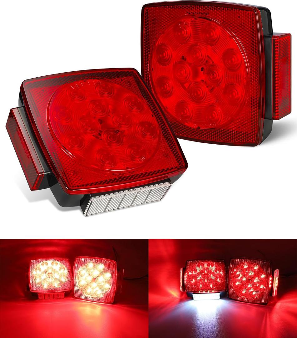 Partsam Pair Slim Square LED Trailer Light Submersible Tail Lights 15 Red 4 White LEDs 5050 SMD Stop Turn Tail with Side Clearance and License Lights for Under 80" Boat Trailer 12V IP67 Red Lens